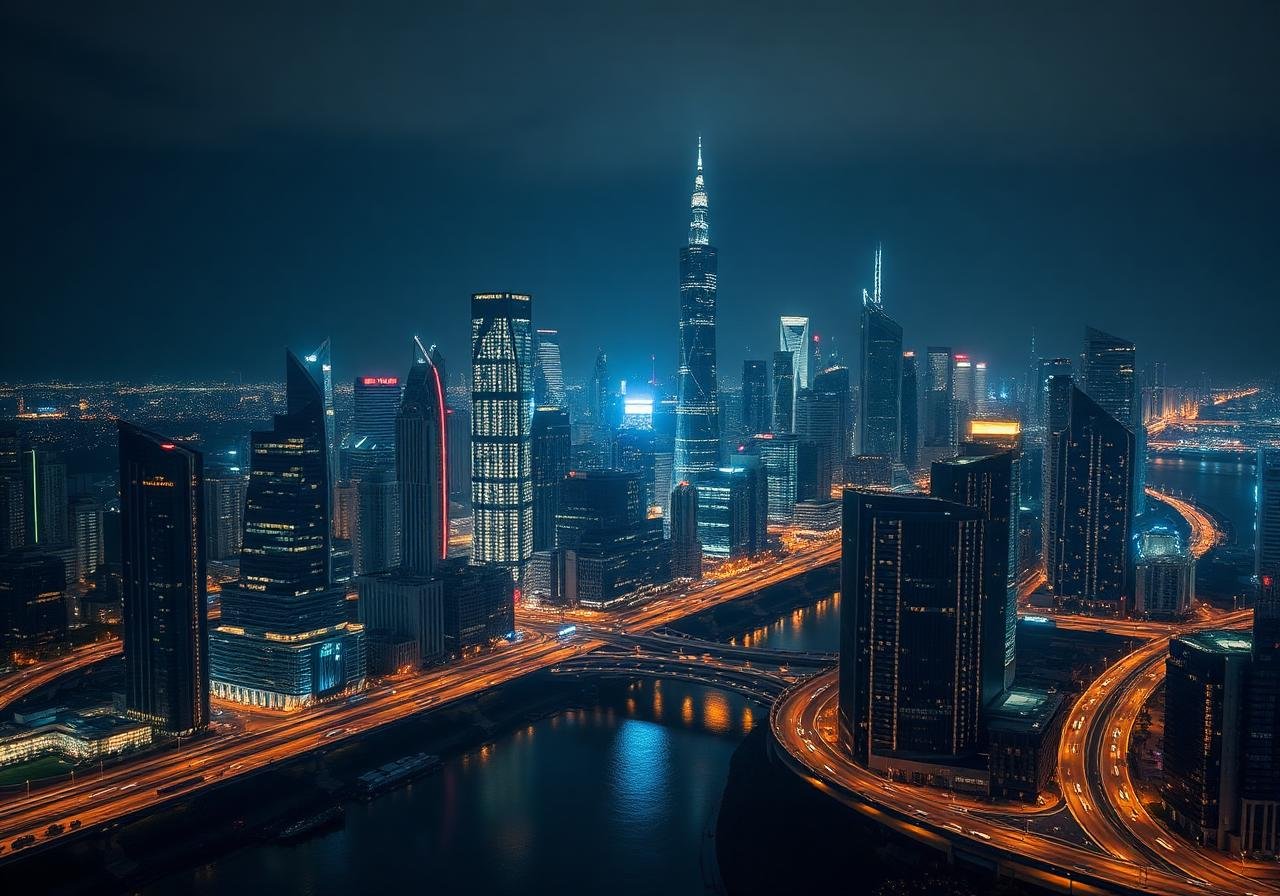 Model Satellite Town night aerial view — premier smart township Bangladesh